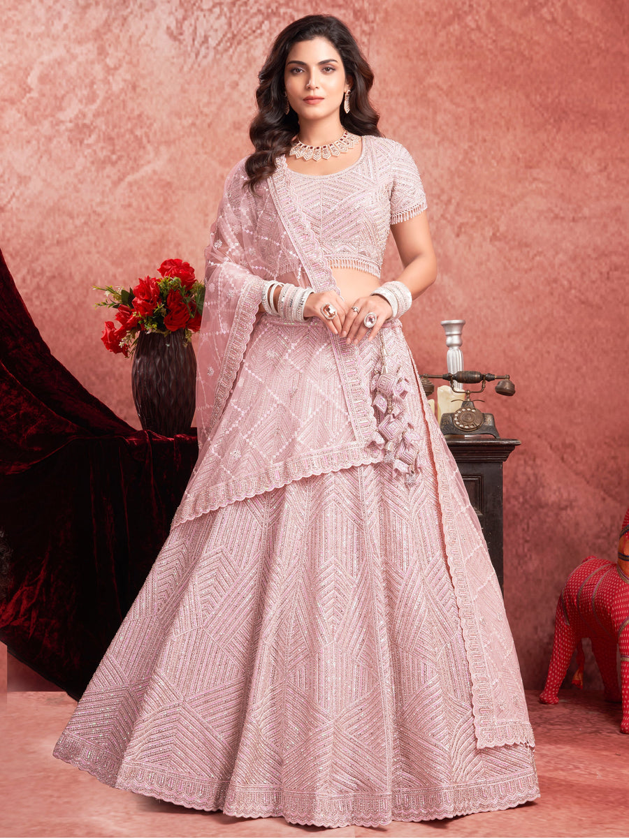 Adorable Baby Pink Sequins Work Net Engagement Wear Lehenga Choli