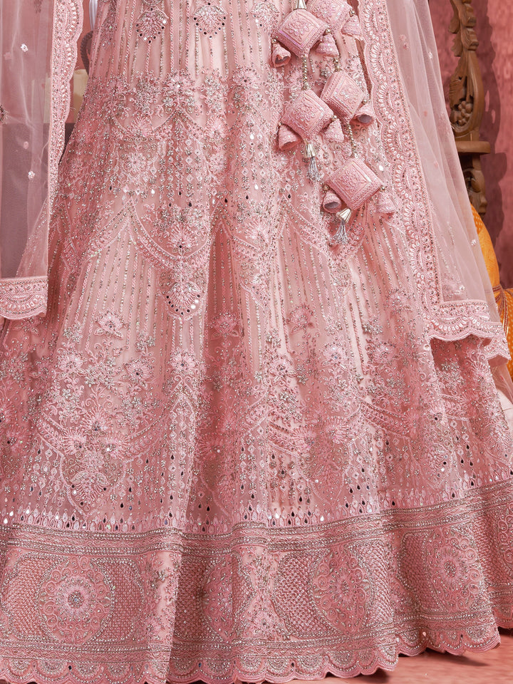 Attractive Pink Mirror Work Net Bridal Lehenga Choli With Dupatta