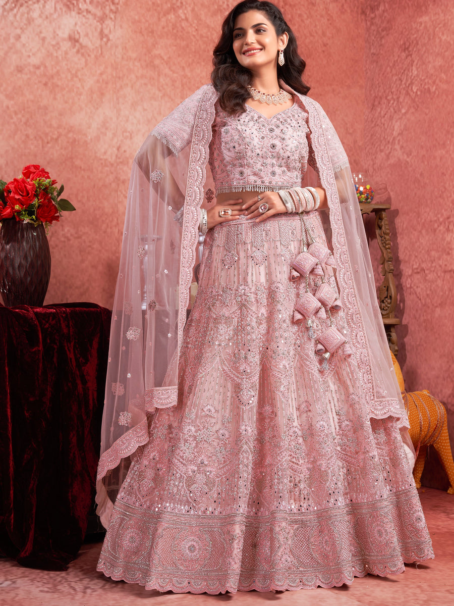 Attractive Pink Mirror Work Net Bridal Lehenga Choli With Dupatta