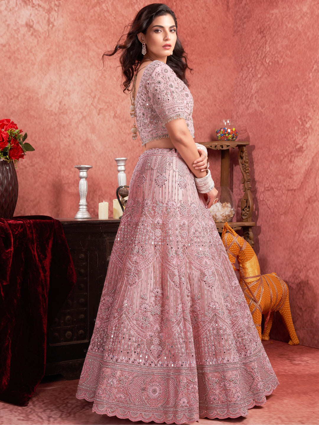 Attractive Pink Mirror Work Net Bridal Lehenga Choli With Dupatta