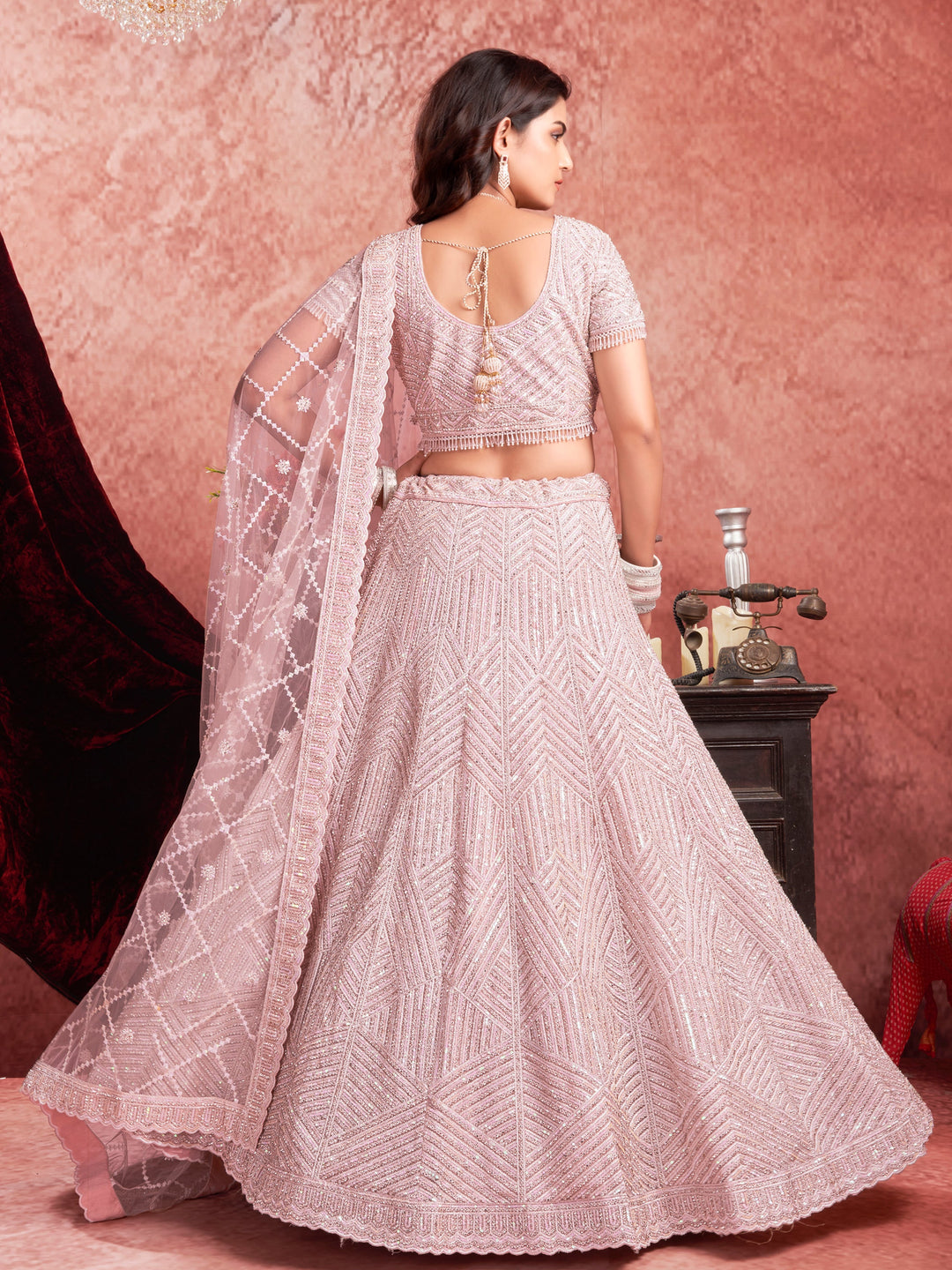 Adorable Baby Pink Sequins Work Net Engagement Wear Lehenga Choli