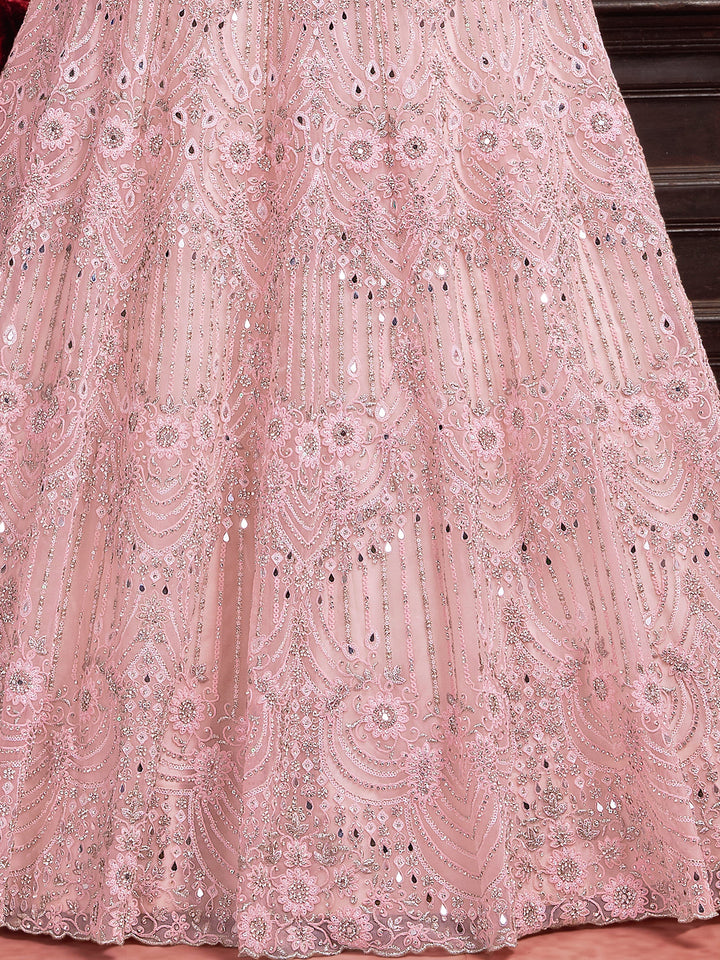 Alluring Baby Pink Sequins Net Bridesmaid Lehenga Choli With Dupatta