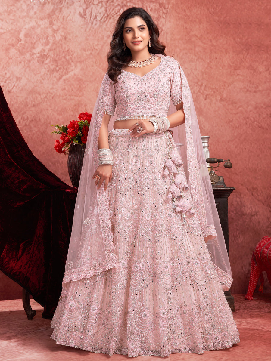 Alluring Baby Pink Sequins Net Bridesmaid Lehenga Choli With Dupatta