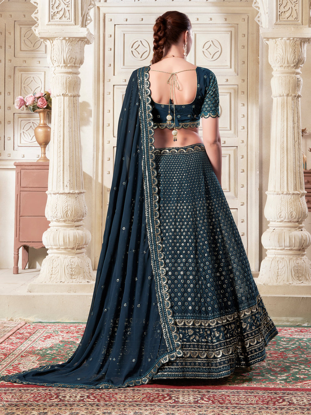 Charming√É∆í√¢‚Ç¨≈°√É‚Äö√Ç¬†Teal Blue Thread Work Georgette√É∆í√¢‚Ç¨≈°√É‚Äö√Ç¬†Wedding Lehenga Choli