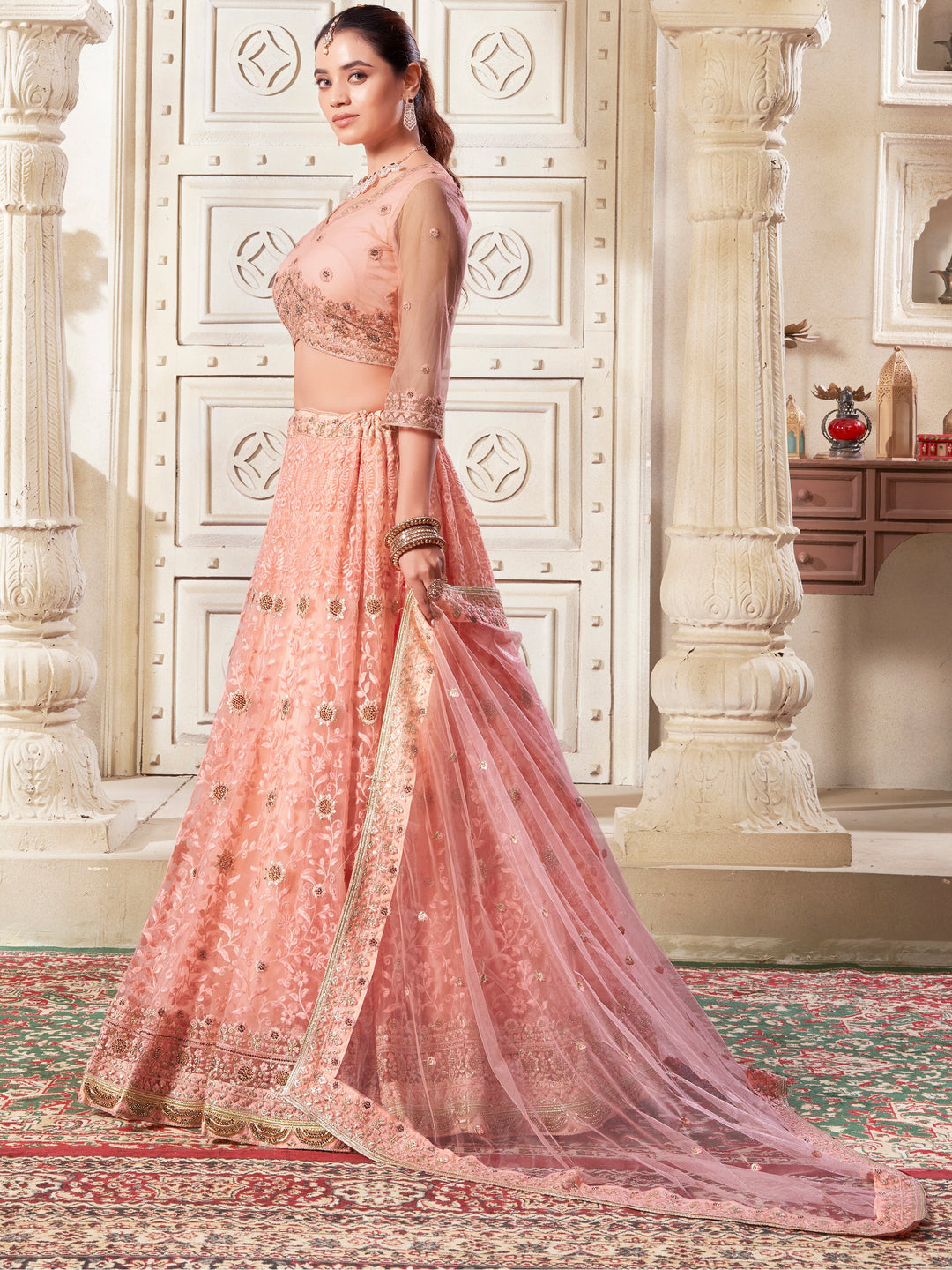 PreciousÃƒâ€šÃ‚Â Peach Thread Work Net Bridesmaid Lehenga Choli