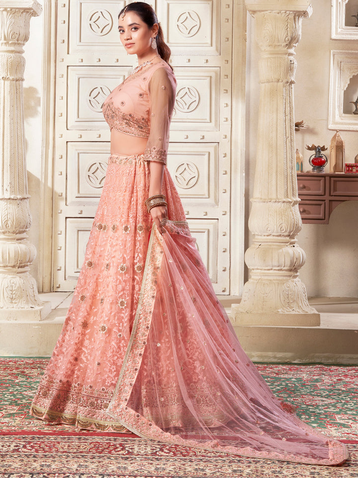 PreciousÃƒâ€šÃ‚Â Peach Thread Work Net Bridesmaid Lehenga Choli