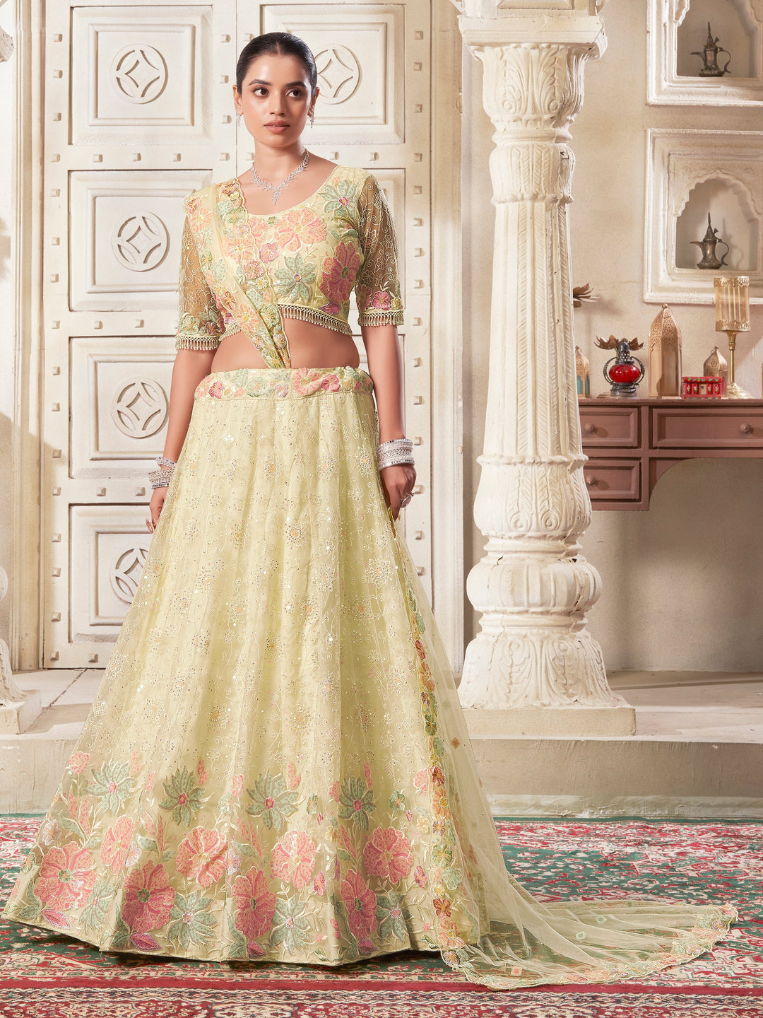 Attractive Yellow Sequins Net Wedding Lehenga Choli With Dupatta