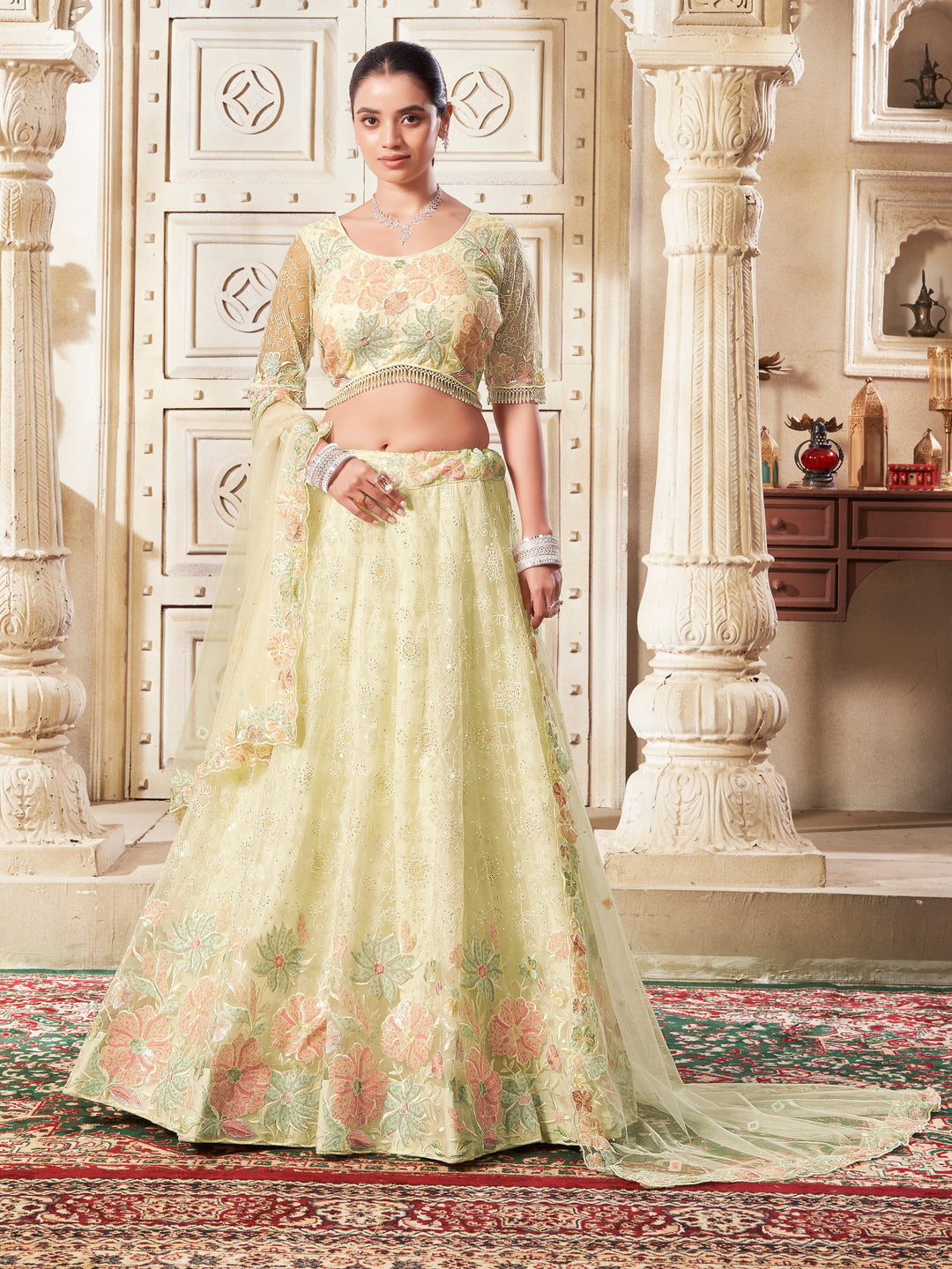 Attractive Yellow Sequins Net Wedding Lehenga Choli With Dupatta