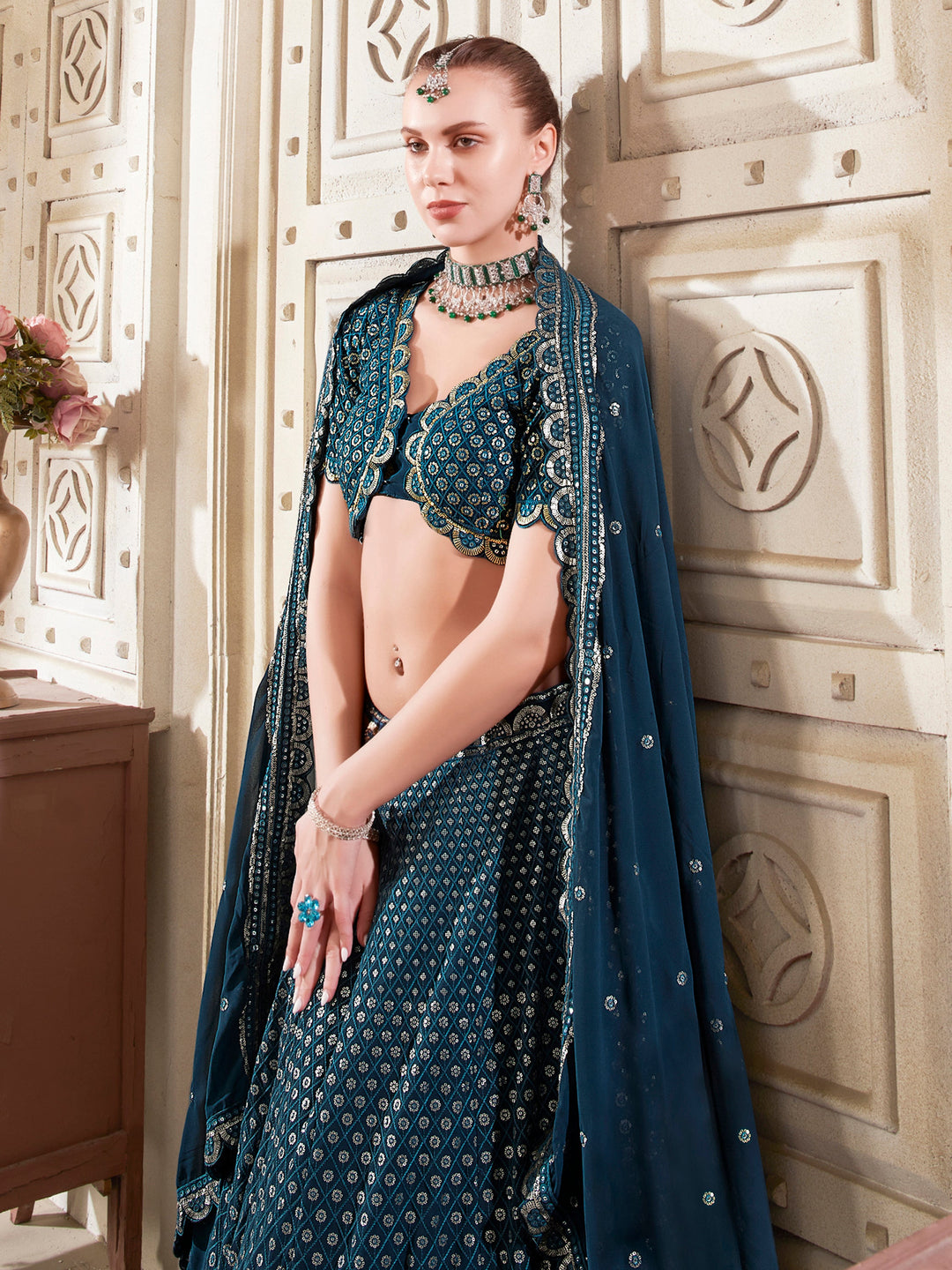 CharmingÃƒâ€šÃ‚Â Teal Blue Thread Work GeorgetteÃƒâ€šÃ‚Â Wedding Lehenga Choli