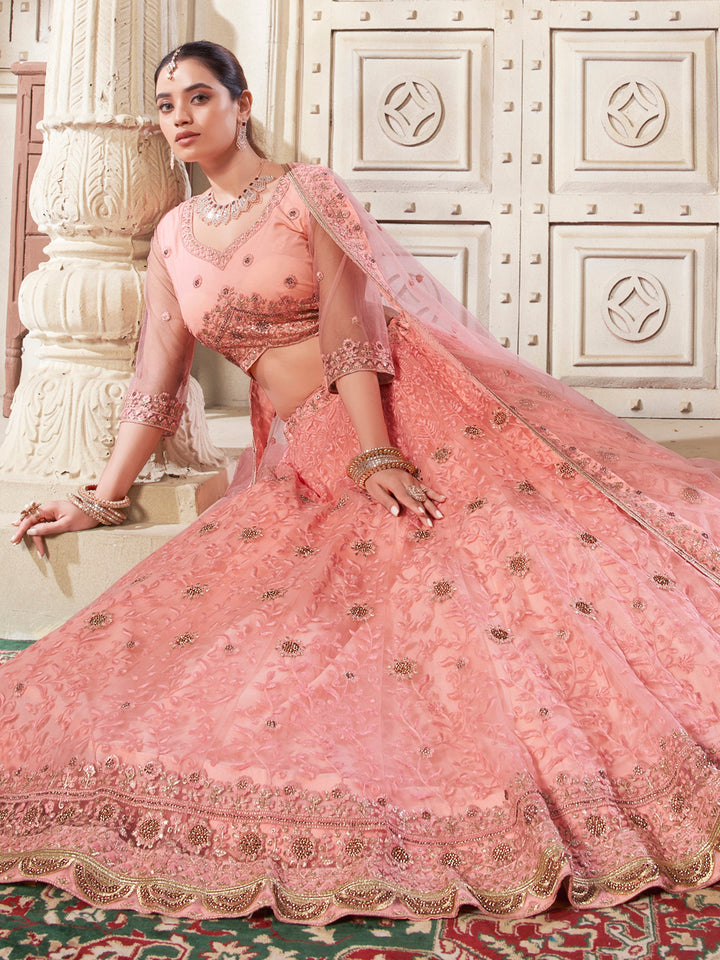 PreciousÃƒâ€šÃ‚Â Peach Thread Work Net Bridesmaid Lehenga Choli