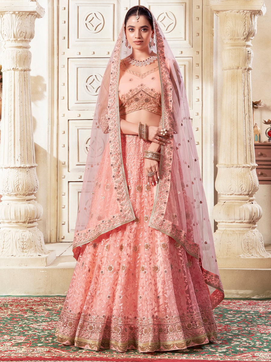 PreciousÃƒâ€šÃ‚Â Peach Thread Work Net Bridesmaid Lehenga Choli