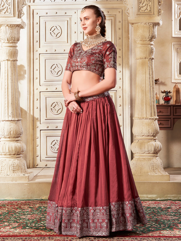 Beautiful Brown Sequins Rangoli Silk Lehenga Choli With Dupatta