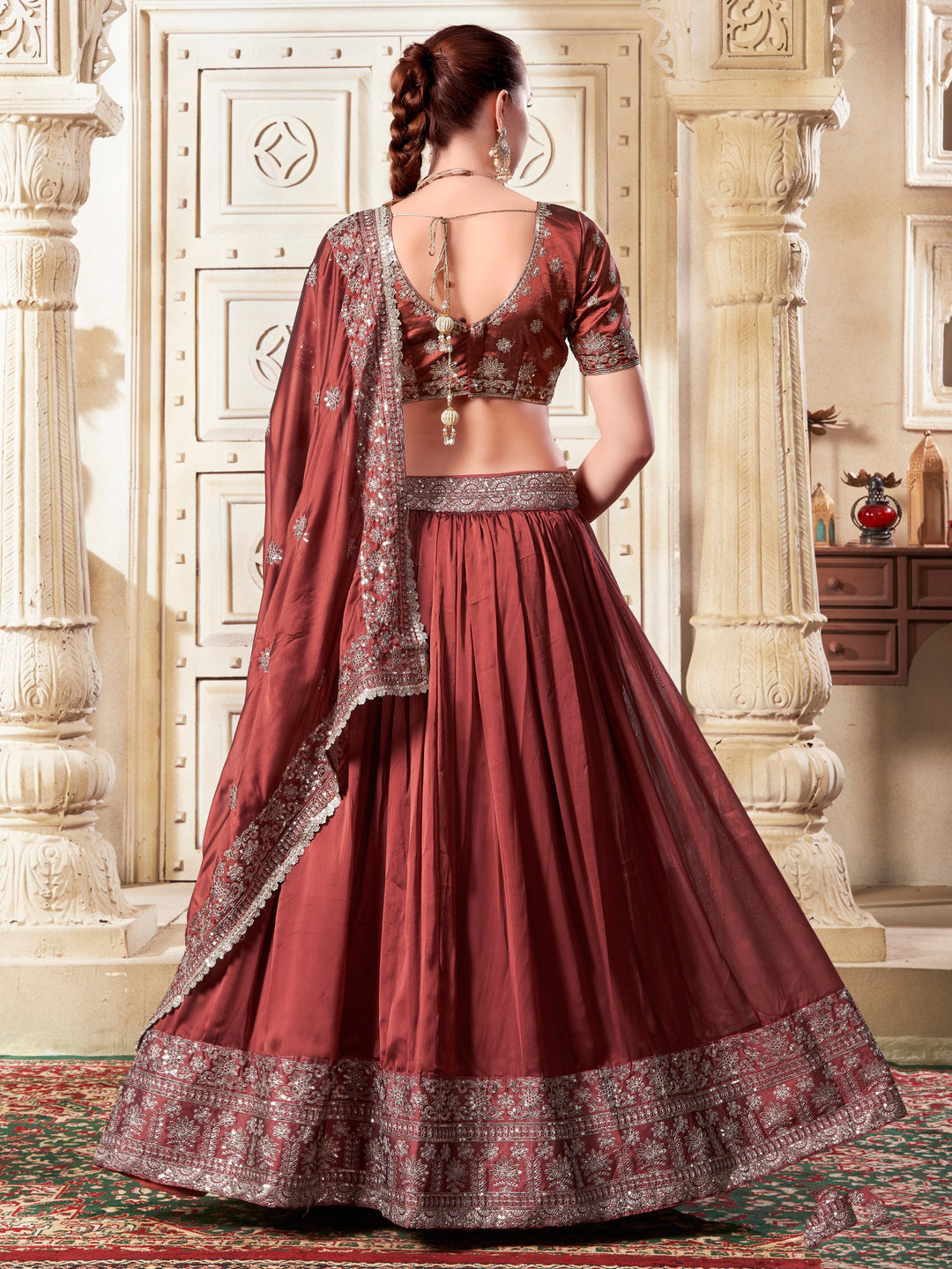 Beautiful Brown Sequins Rangoli Silk Lehenga Choli With Dupatta