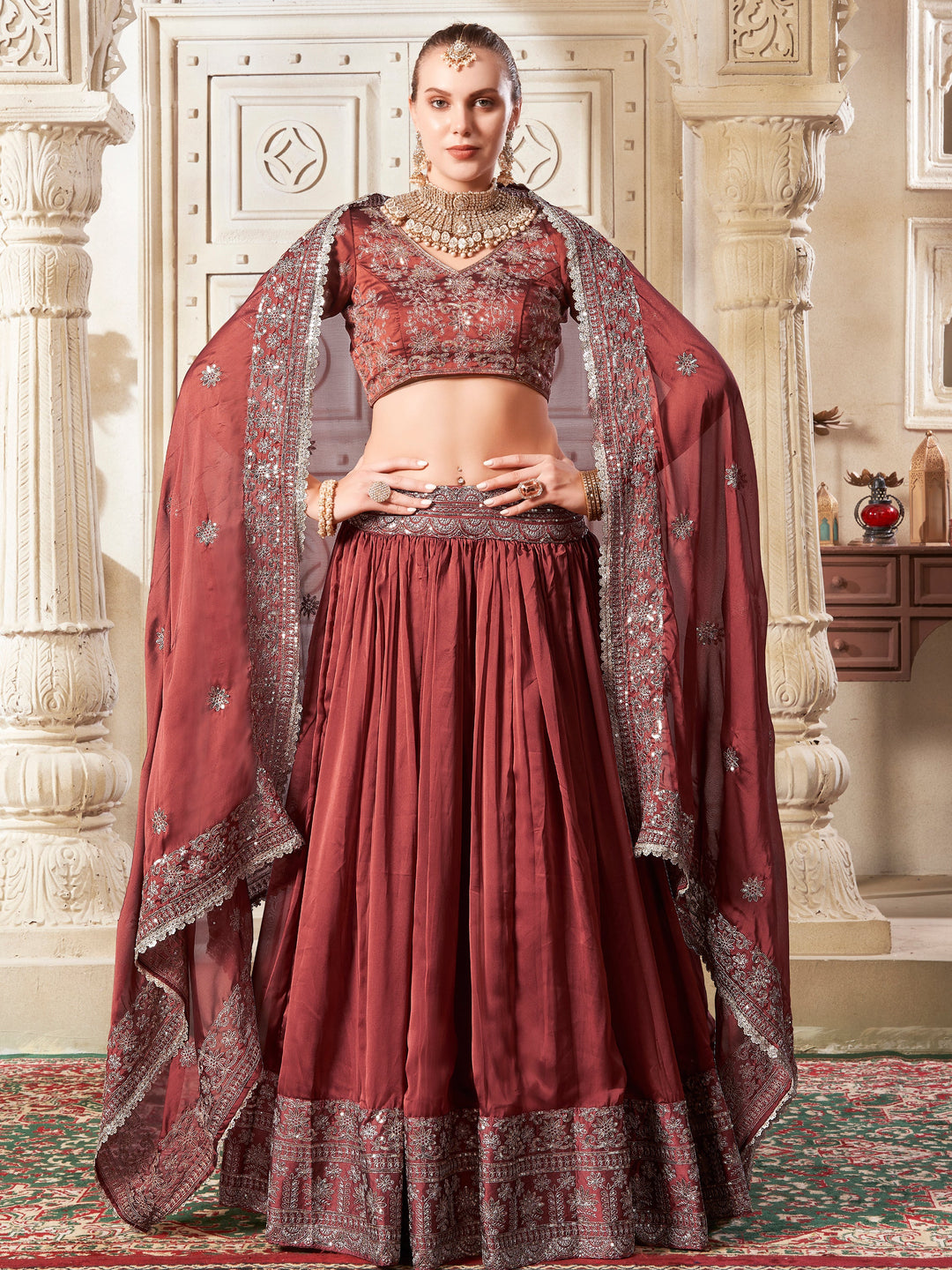 Beautiful Brown Sequins Rangoli Silk Lehenga Choli With Dupatta