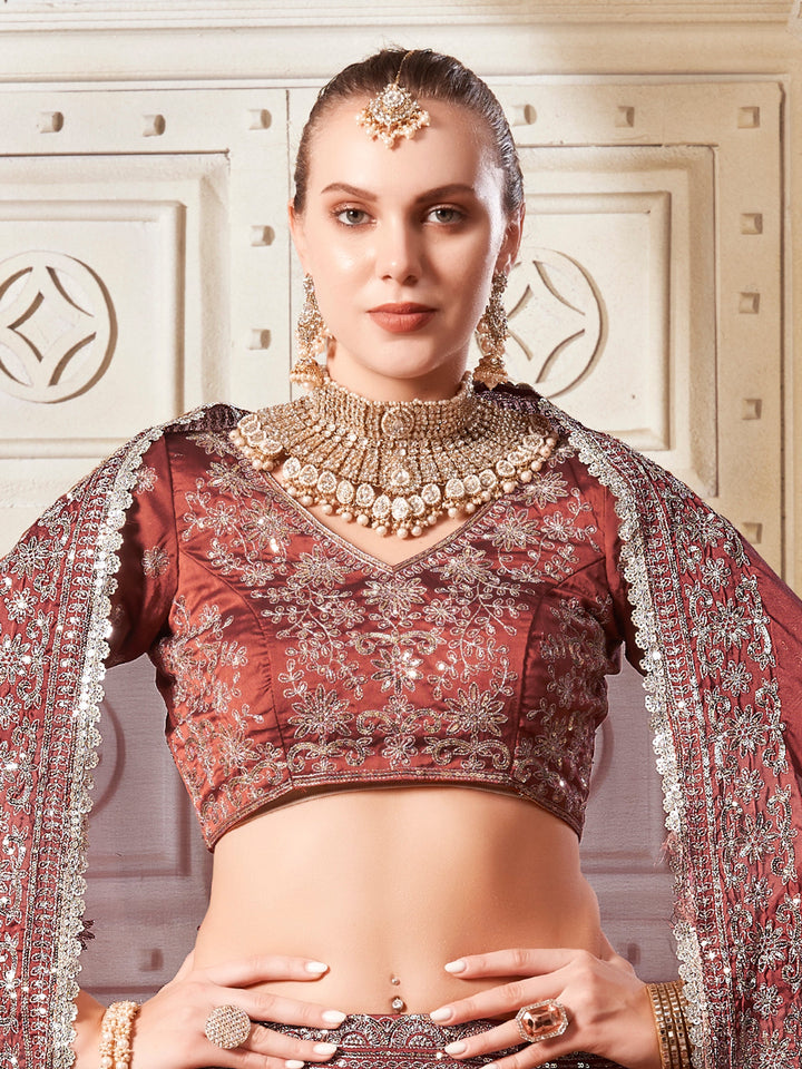 Beautiful Brown Sequins Rangoli Silk Lehenga Choli With Dupatta