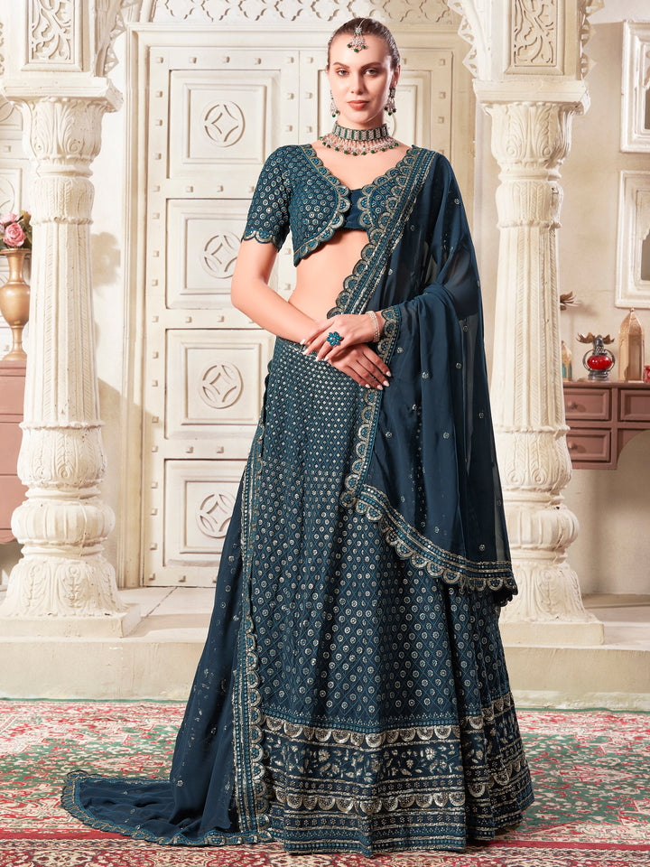 CharmingÃƒâ€šÃ‚Â Teal Blue Thread Work GeorgetteÃƒâ€šÃ‚Â Wedding Lehenga Choli