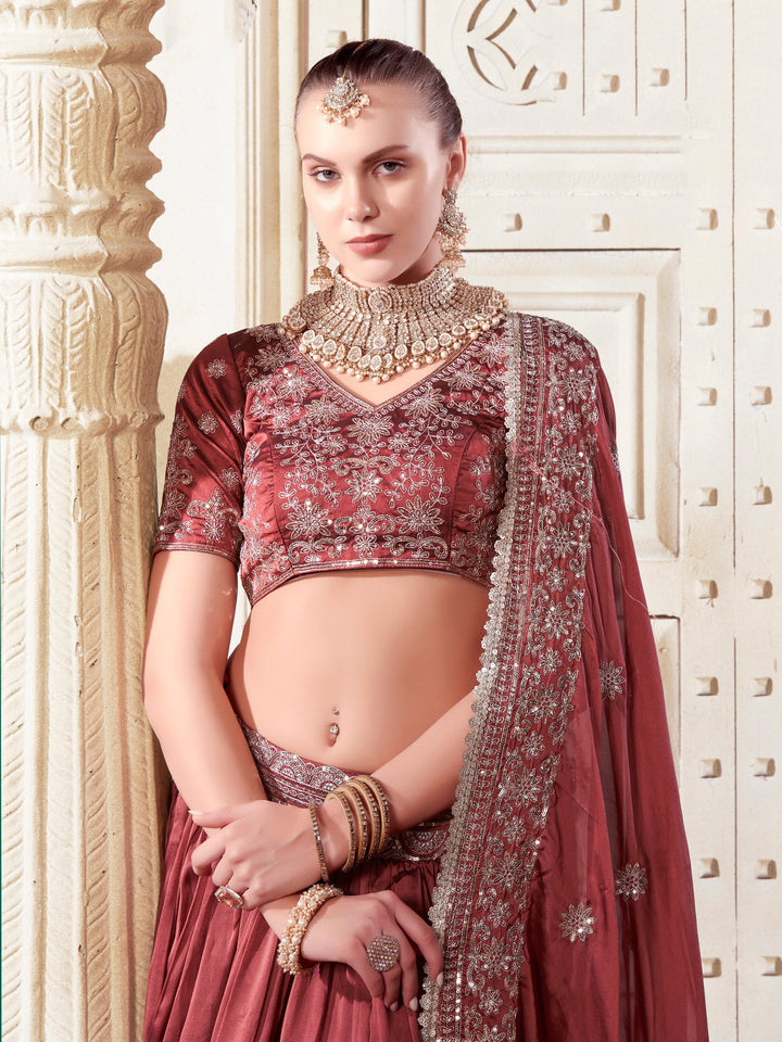 Beautiful Brown Sequins Rangoli Silk Lehenga Choli With Dupatta