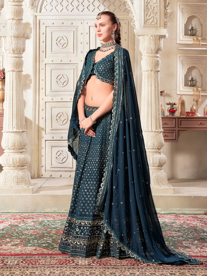 CharmingÃƒâ€šÃ‚Â Teal Blue Thread Work GeorgetteÃƒâ€šÃ‚Â Wedding Lehenga Choli