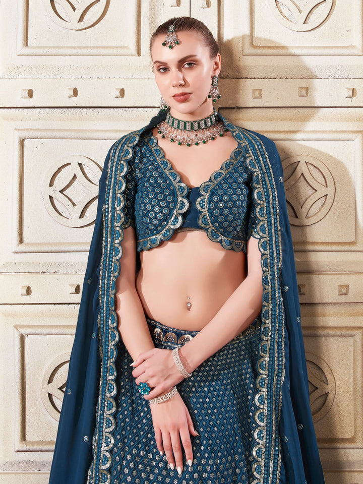 CharmingÃƒâ€šÃ‚Â Teal Blue Thread Work GeorgetteÃƒâ€šÃ‚Â Wedding Lehenga Choli