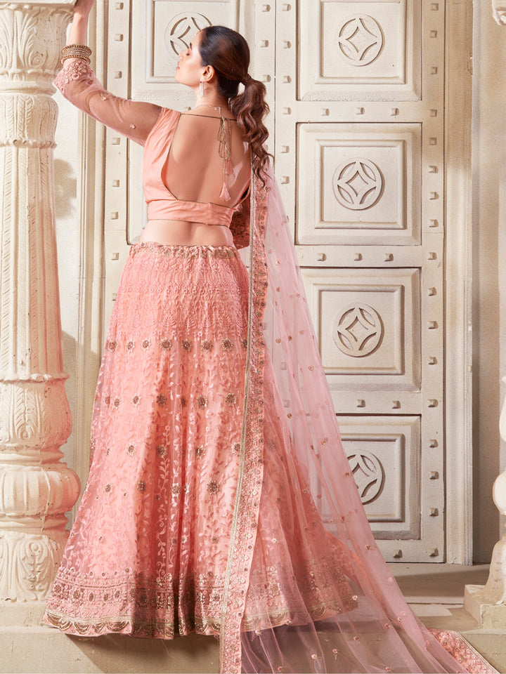 PreciousÃƒâ€šÃ‚Â Peach Thread Work Net Bridesmaid Lehenga Choli