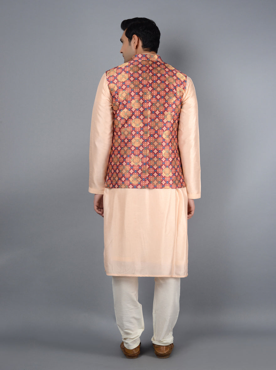 Rust silk blend Bandhgala jacket for men, perfect for enhancing your ethnic wardrobe during weddings and receptions.