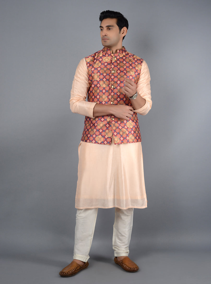 Stylish rust Bandhgala jacket, combining luxury and comfort, ideal for festive celebrations and formal gatherings.