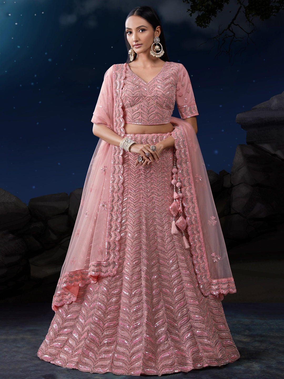 Beautiful Pink Dori Work Lehenga | Net with Lace & Sequin Embellishments