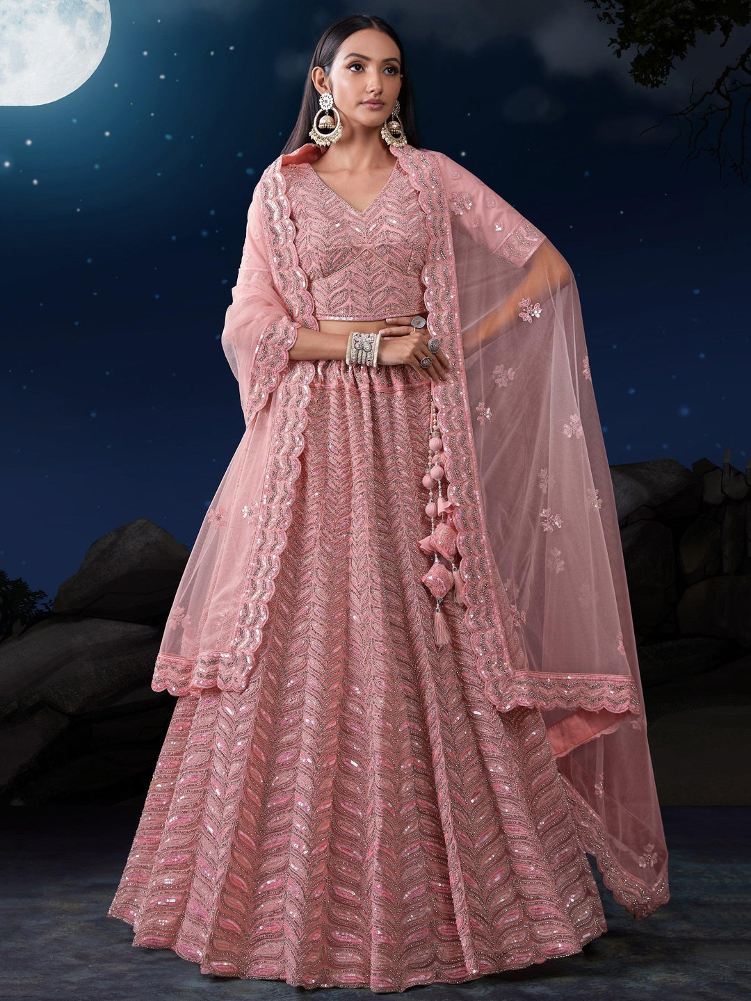 Beautiful Pink Dori Work Lehenga | Net with Lace & Sequin Embellishments