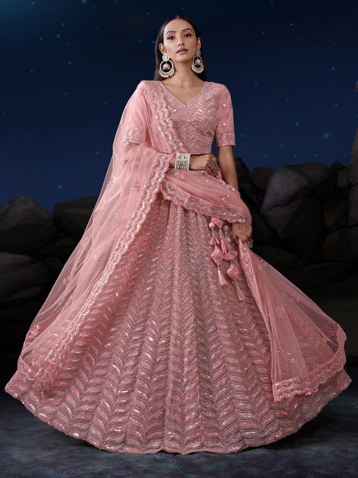 Beautiful Pink Dori Work Lehenga | Net with Lace & Sequin Embellishments