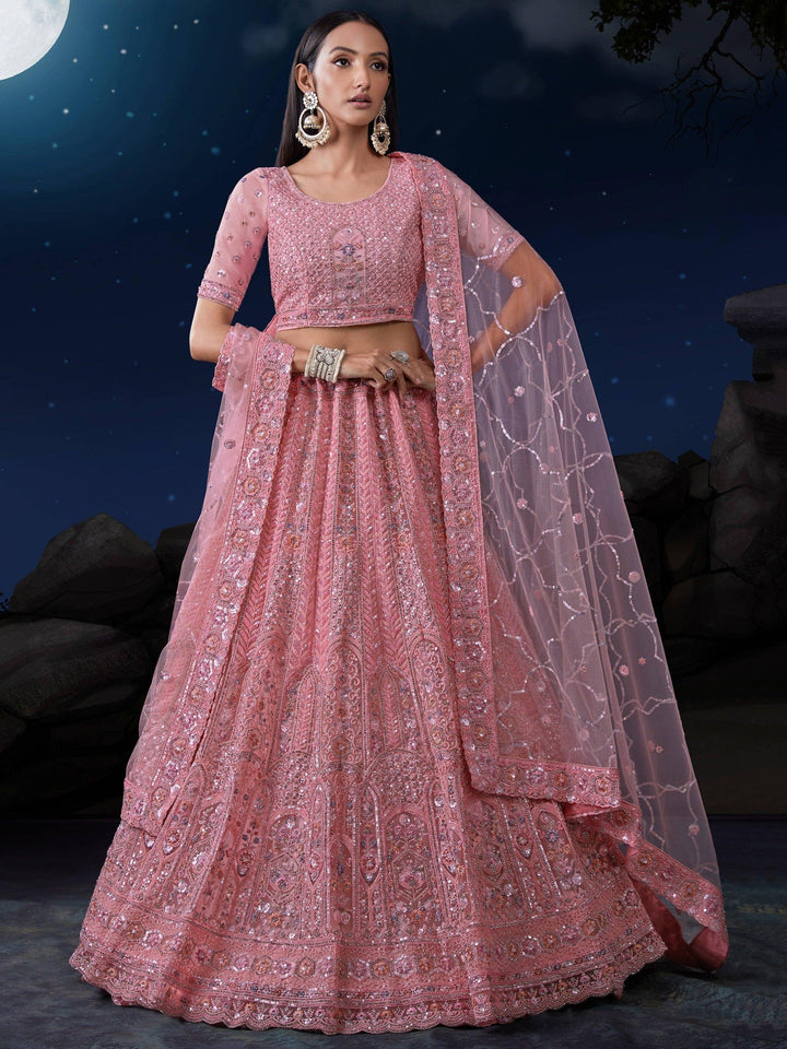 Elegant Pink Sequins Lehenga | Net with Dupatta & Thread Work