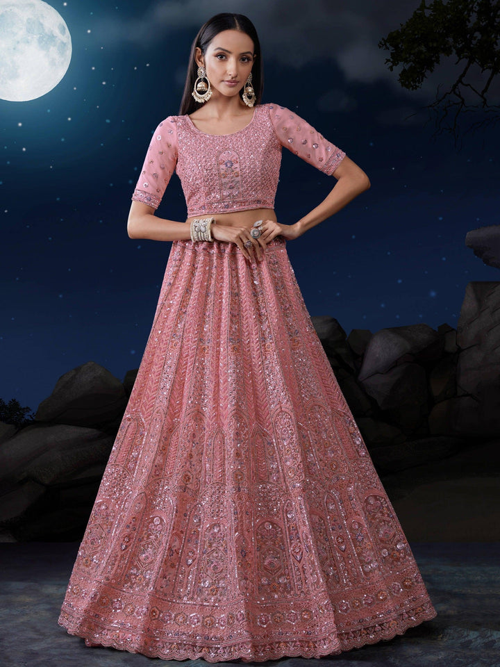 Elegant Pink Sequins Lehenga | Net with Dupatta & Thread Work