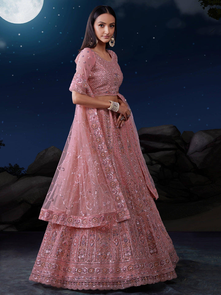 Elegant Pink Sequins Lehenga | Net with Dupatta & Thread Work