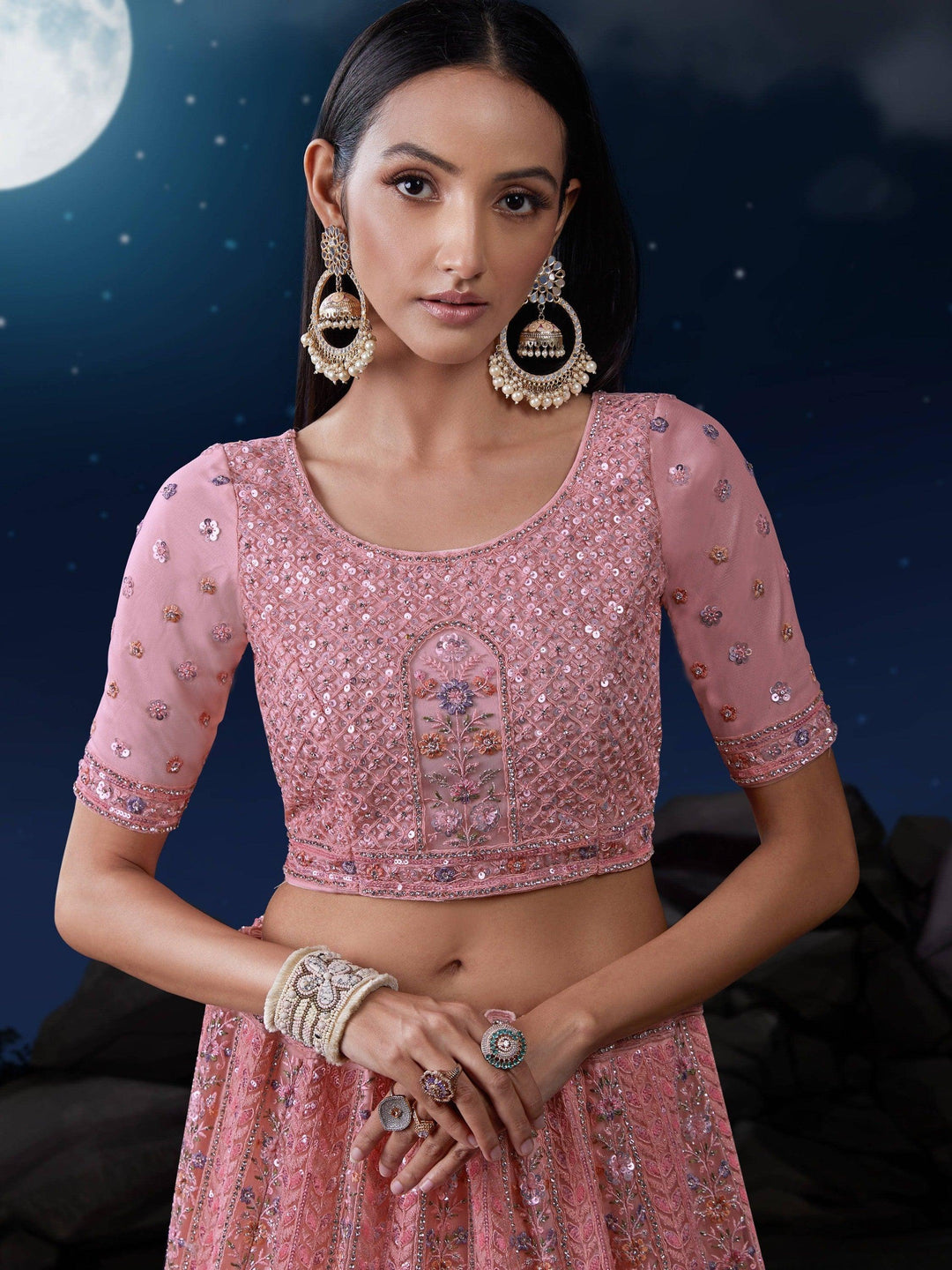 Elegant Pink Sequins Lehenga | Net with Dupatta & Thread Work