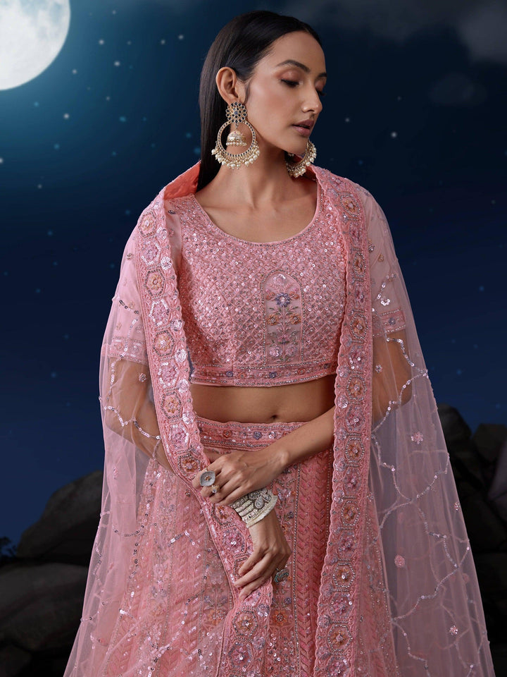 Elegant Pink Sequins Lehenga | Net with Dupatta & Thread Work