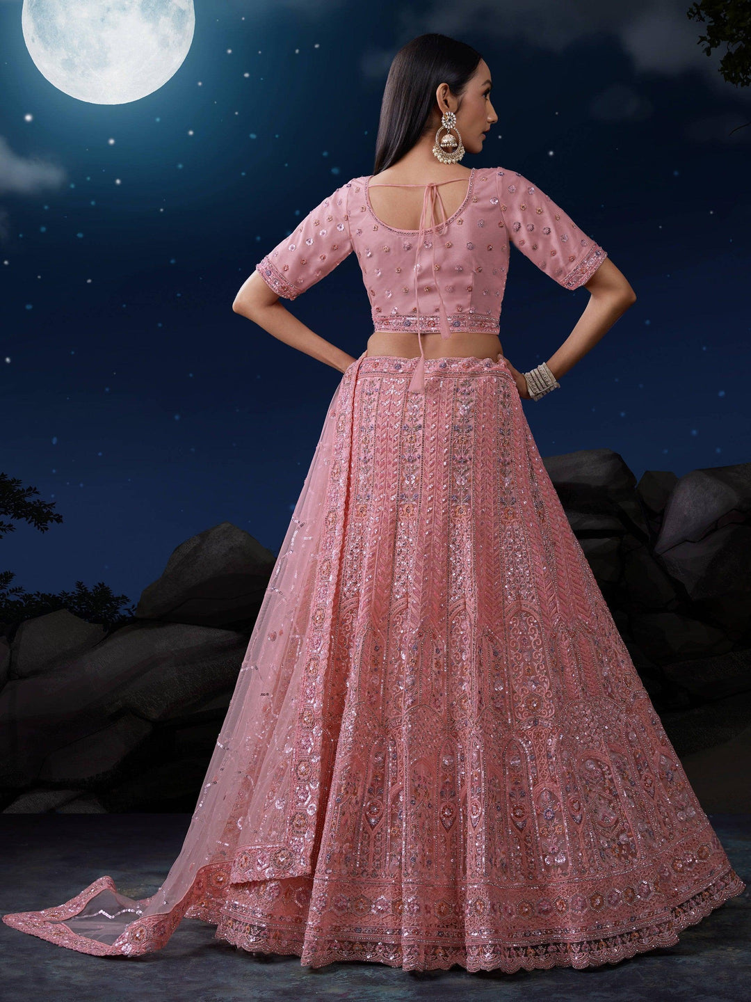 Elegant Pink Sequins Lehenga | Net with Dupatta & Thread Work