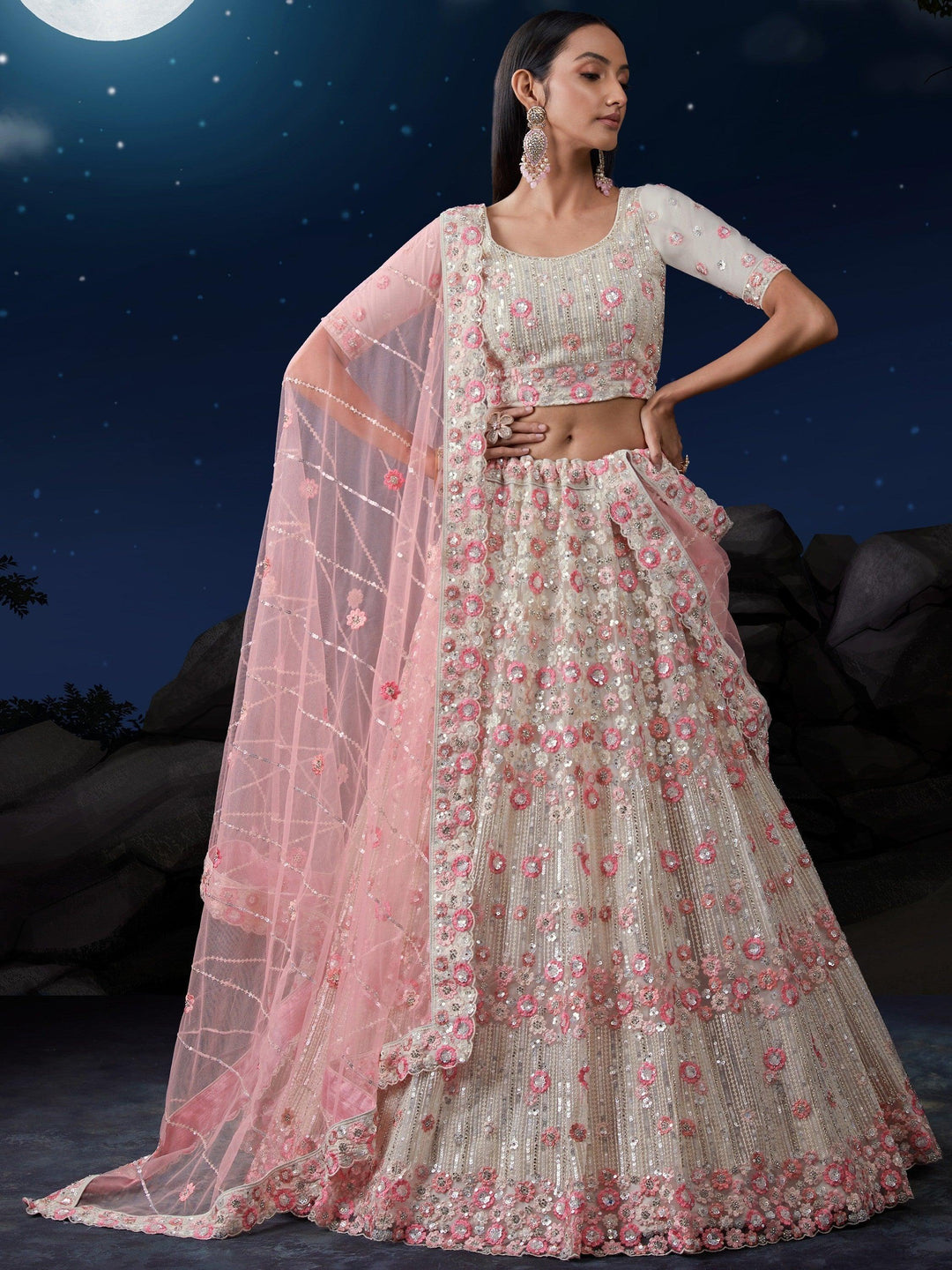 Traditional White Lehenga | Net with Zarkan, Sequins & Dupatta