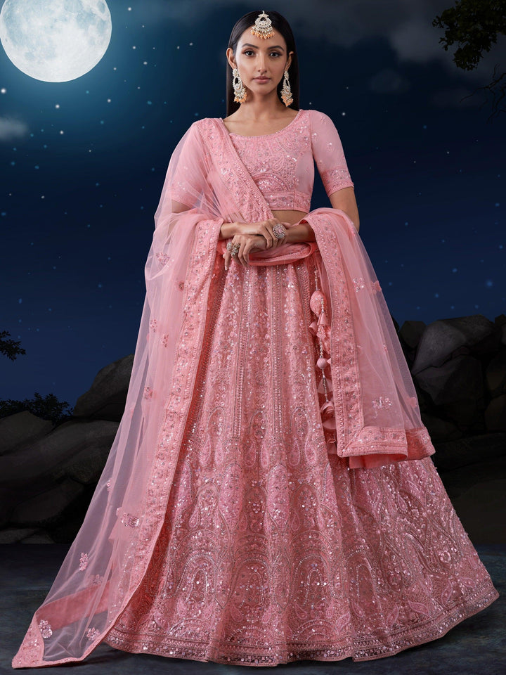 Exquisite Pink Wedding Lehenga | Sequins Net with Zarkan & Thread Work