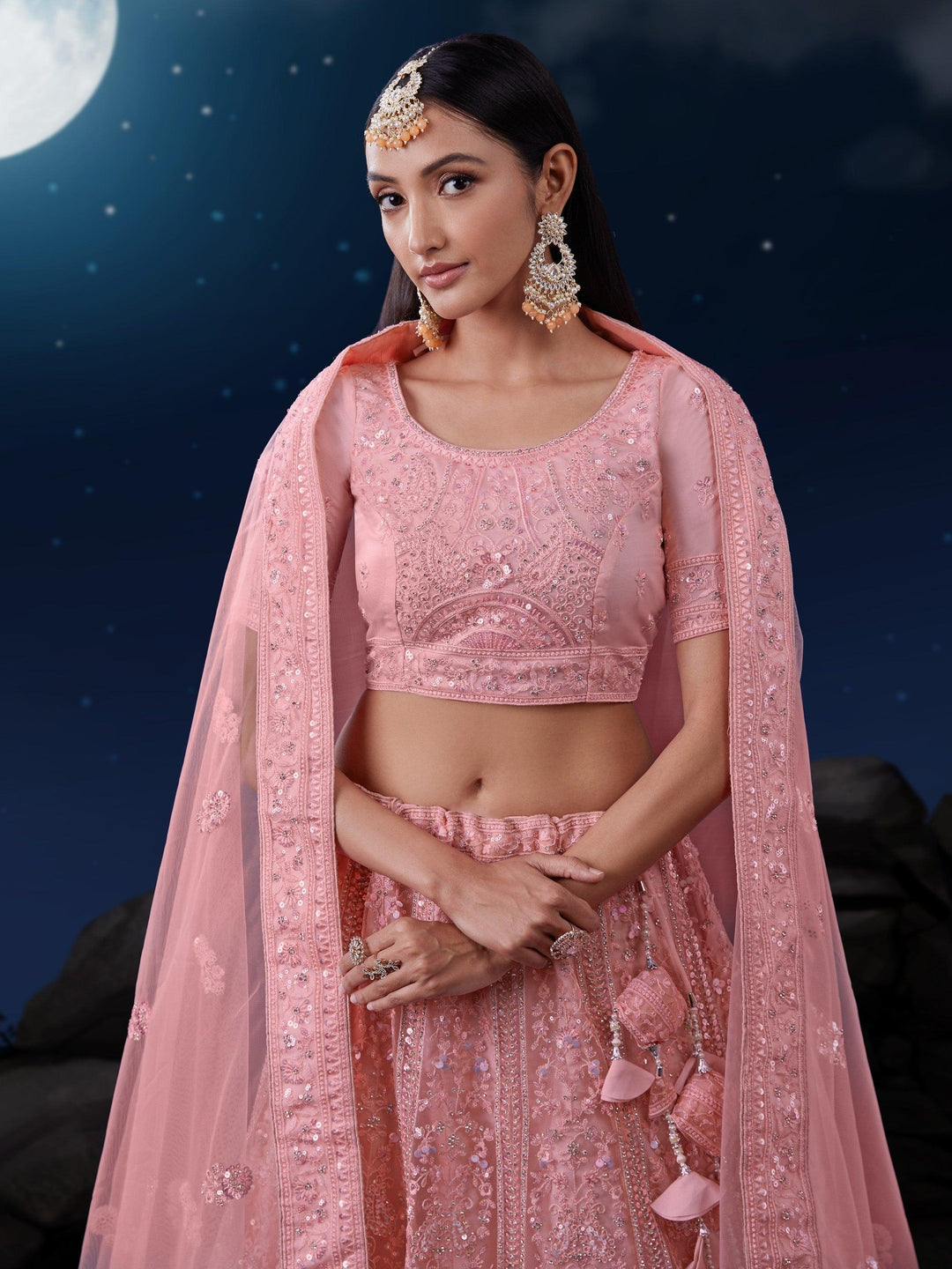 Exquisite Pink Wedding Lehenga | Sequins Net with Zarkan & Thread Work