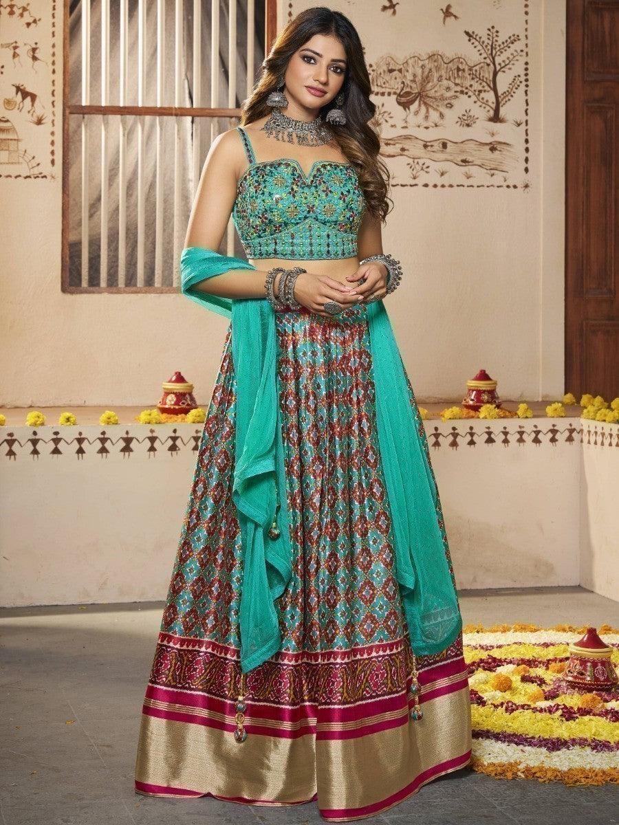 Attractive Turquoise Patola Print Silk Lehenga | Embroidered Choli