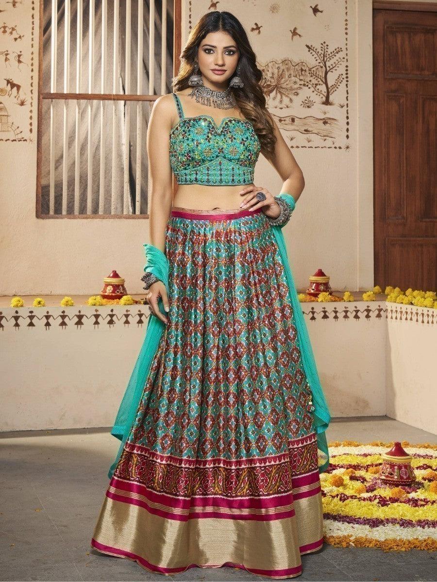 Attractive Turquoise Patola Print Silk Lehenga | Embroidered Choli