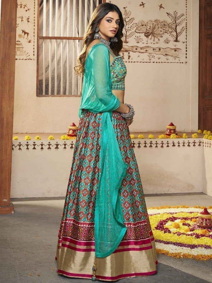 Attractive Turquoise Patola Print Silk Lehenga | Embroidered Choli