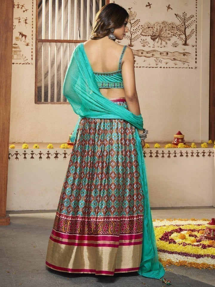 Attractive Turquoise Patola Print Silk Lehenga | Embroidered Choli