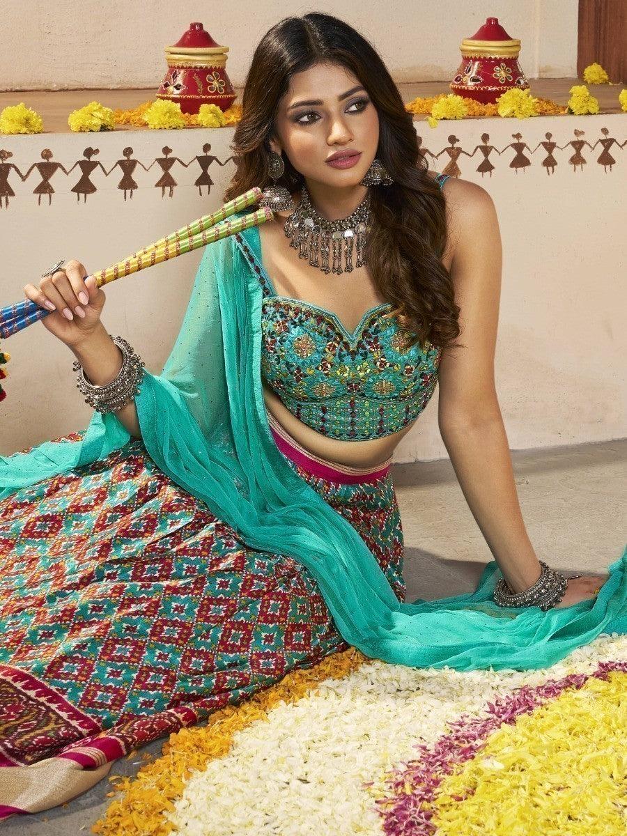 Attractive Turquoise Patola Print Silk Lehenga | Embroidered Choli