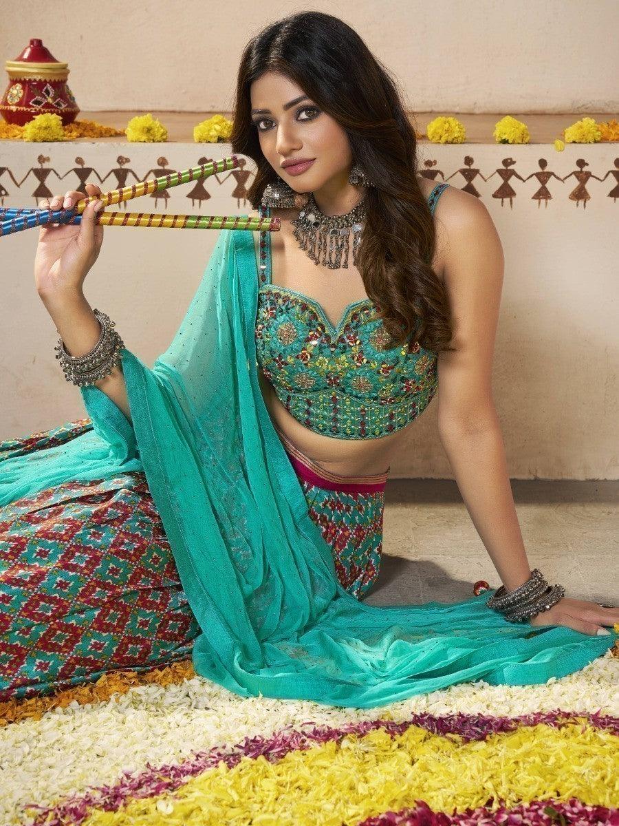 Attractive Turquoise Patola Print Silk Lehenga | Embroidered Choli