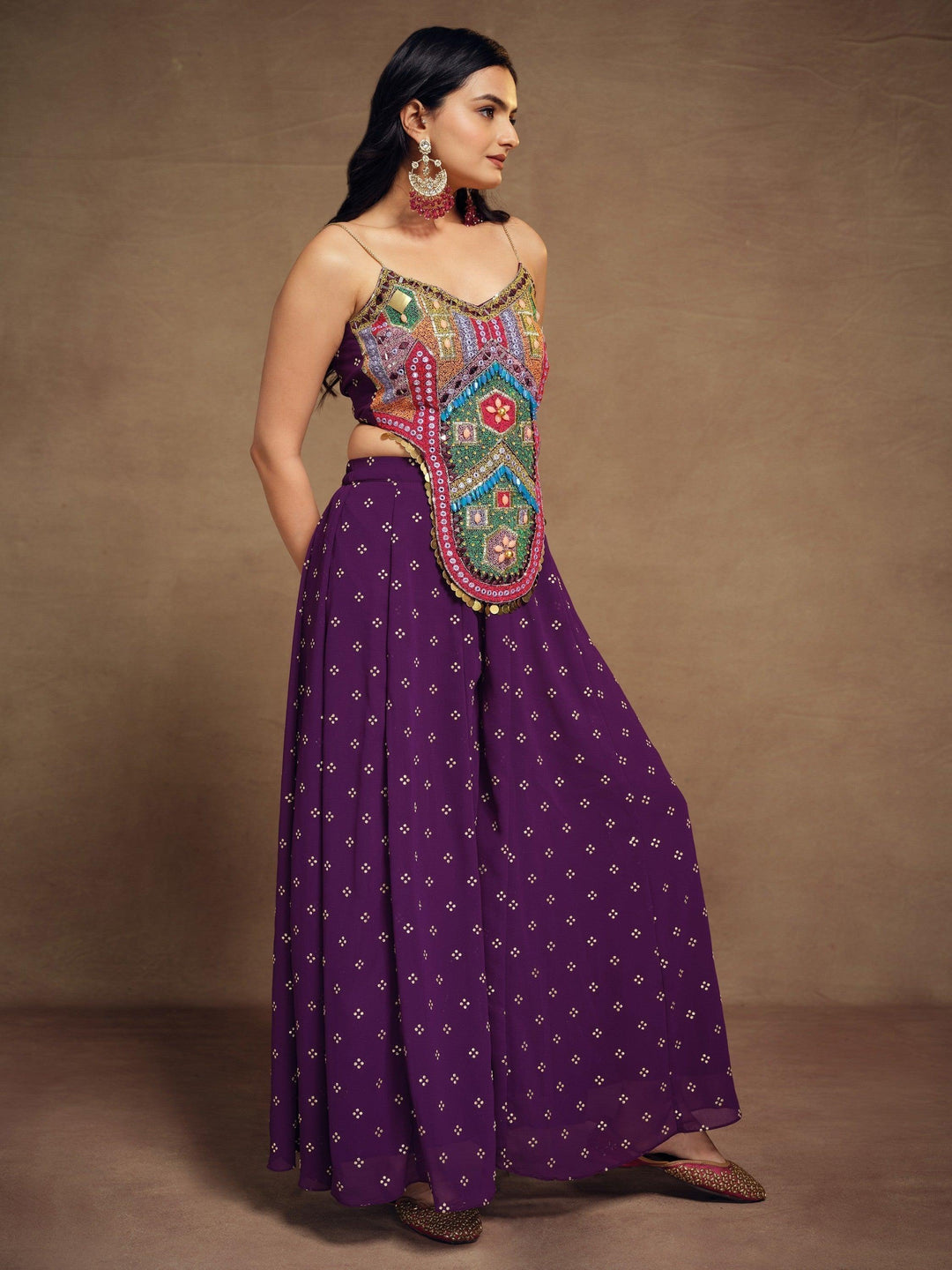 Designer Purple Art Silk Palazzo Suit | Hand Embroidery & Beadwork