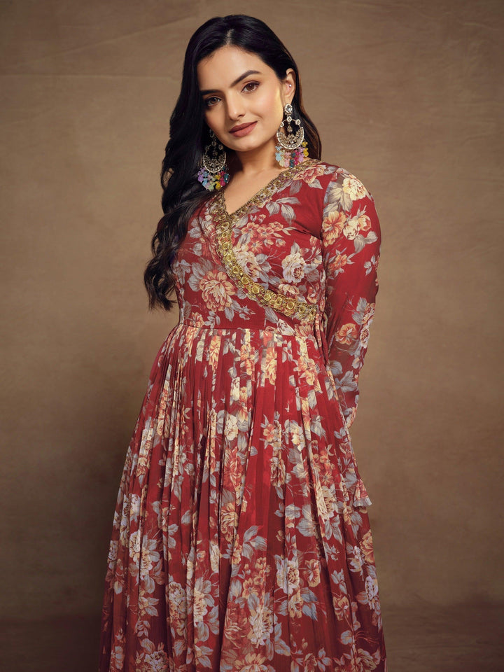 Charming Red Floral Printed Chiffon | Festival Wear Palazzo Suit with Sequins