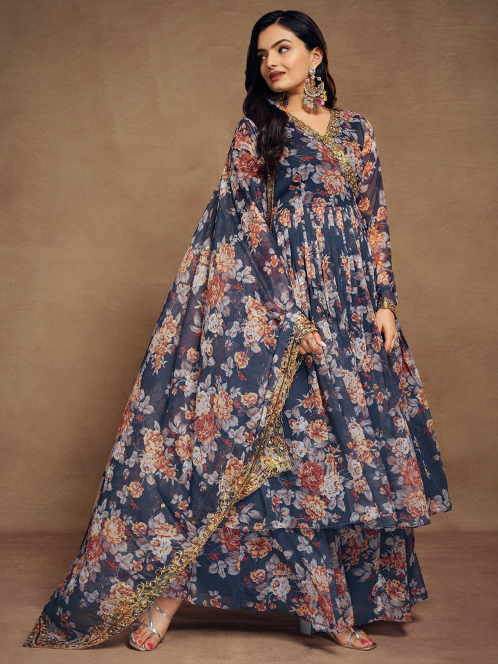 Magnetic Blue Floral Printed Chiffon | Palazzo Suit with Sequins & Zari Work