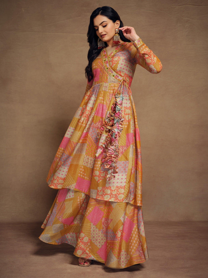 Mustard Yellow Digital Printed Muslin Silk | Palazzo Suit with Embroidery