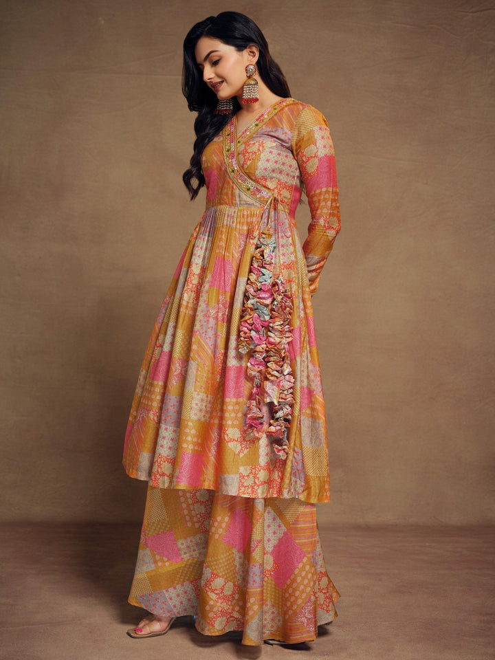 Mustard Yellow Digital Printed Muslin Silk | Palazzo Suit with Embroidery