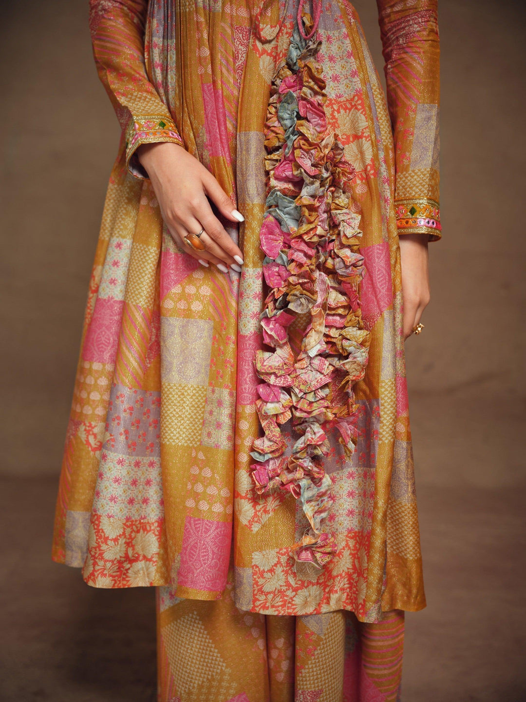 Mustard Yellow Digital Printed Muslin Silk | Palazzo Suit with Embroidery